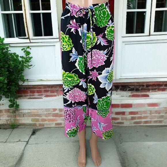 Floral Patchwork Wide Leg Pants M Hippie Artsy Boho Chic Fairy Flowy Drawstring - Picture 15 of 16